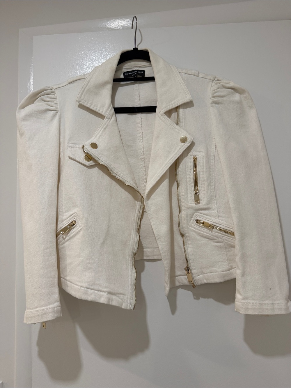 Generation Love Womens Cream Denim Puff-Shoulder Moto Jacket